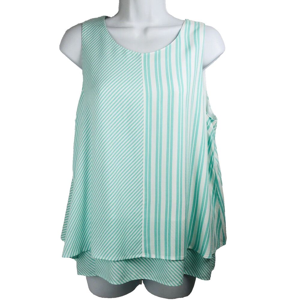 Crown & Ivy Womens Medium Split Back Layered Tank Green White Striped M Top